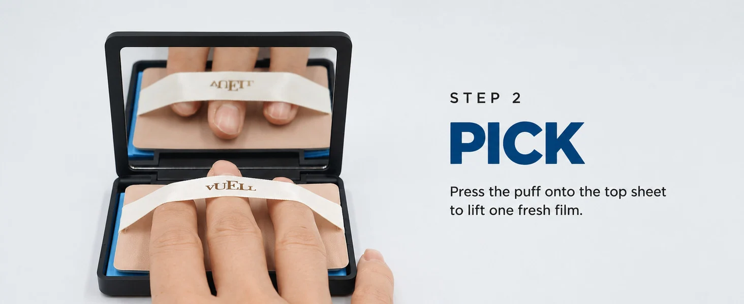 Step 2 for using VUELL: pick up one blue oil blotting film with the puff