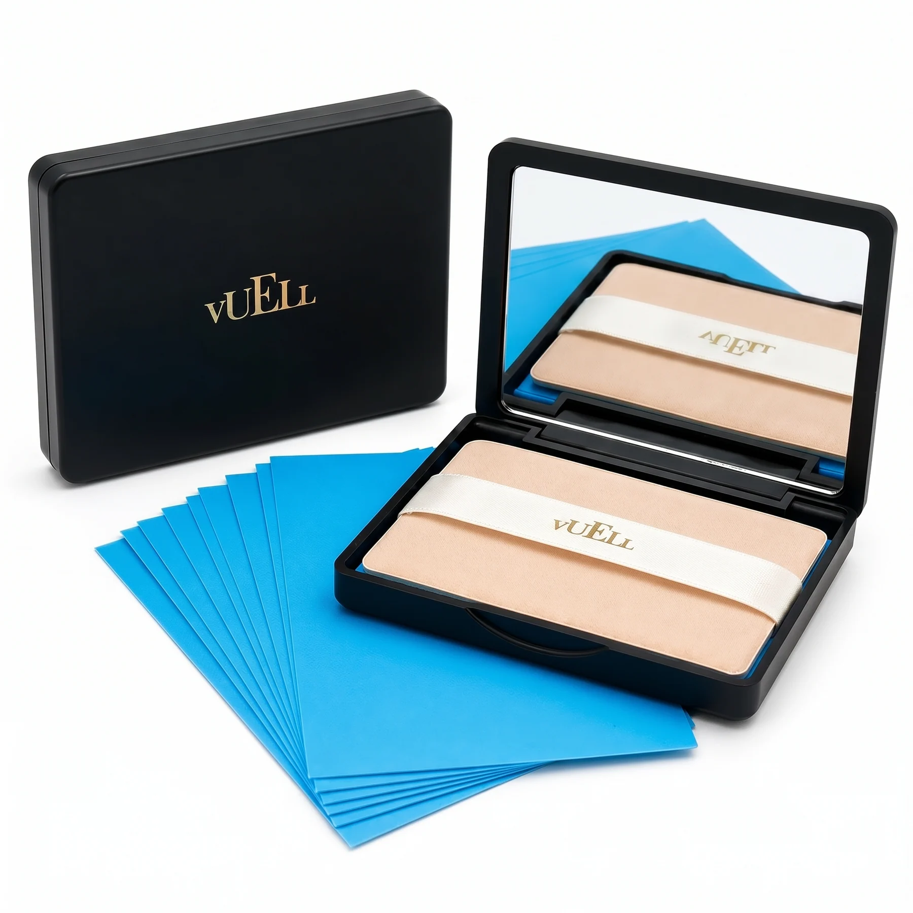 VUELL black mirror compact with blue oil blotting films and wide puff applicator