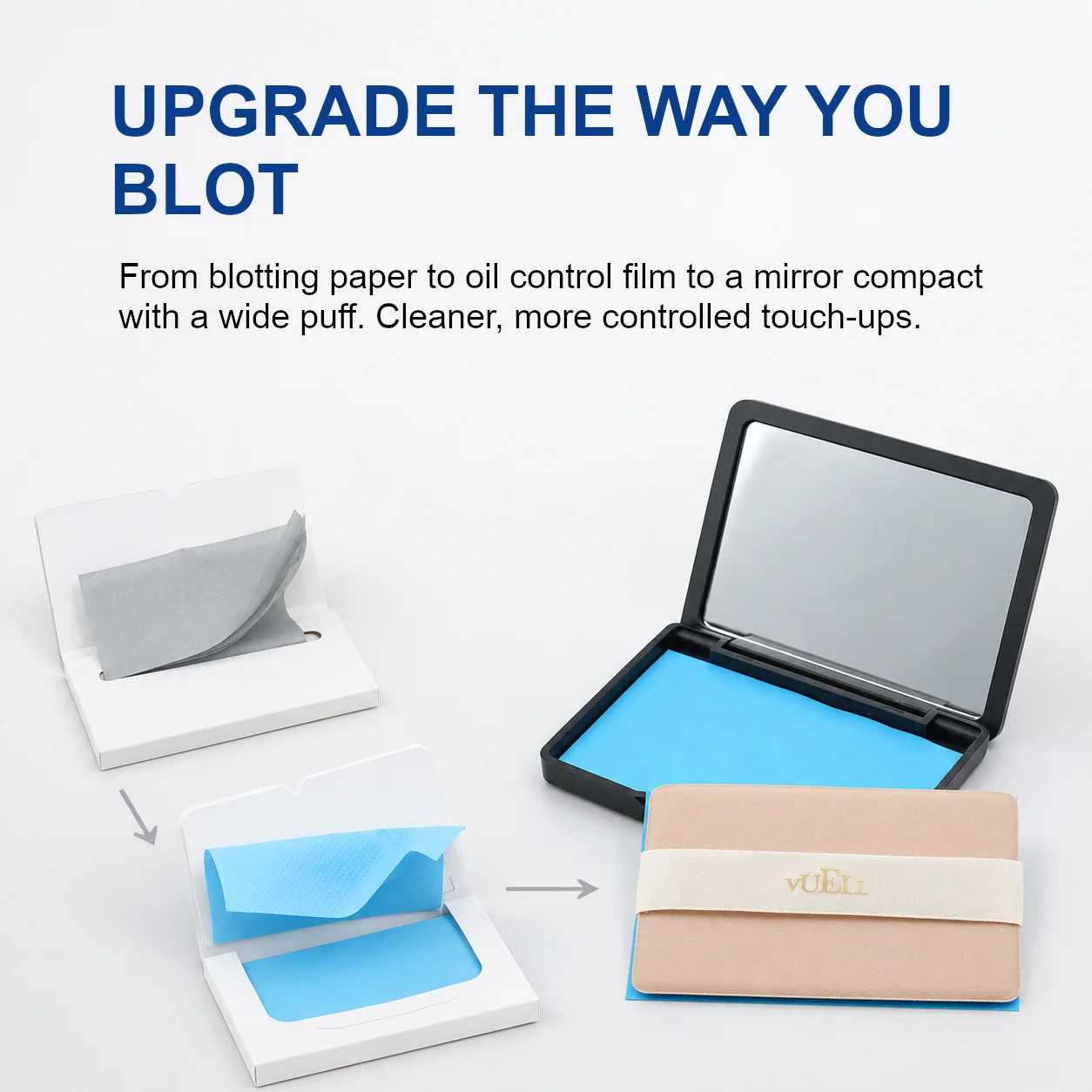 VUELL mirror compact oil blotting system with blue refill films and applicator