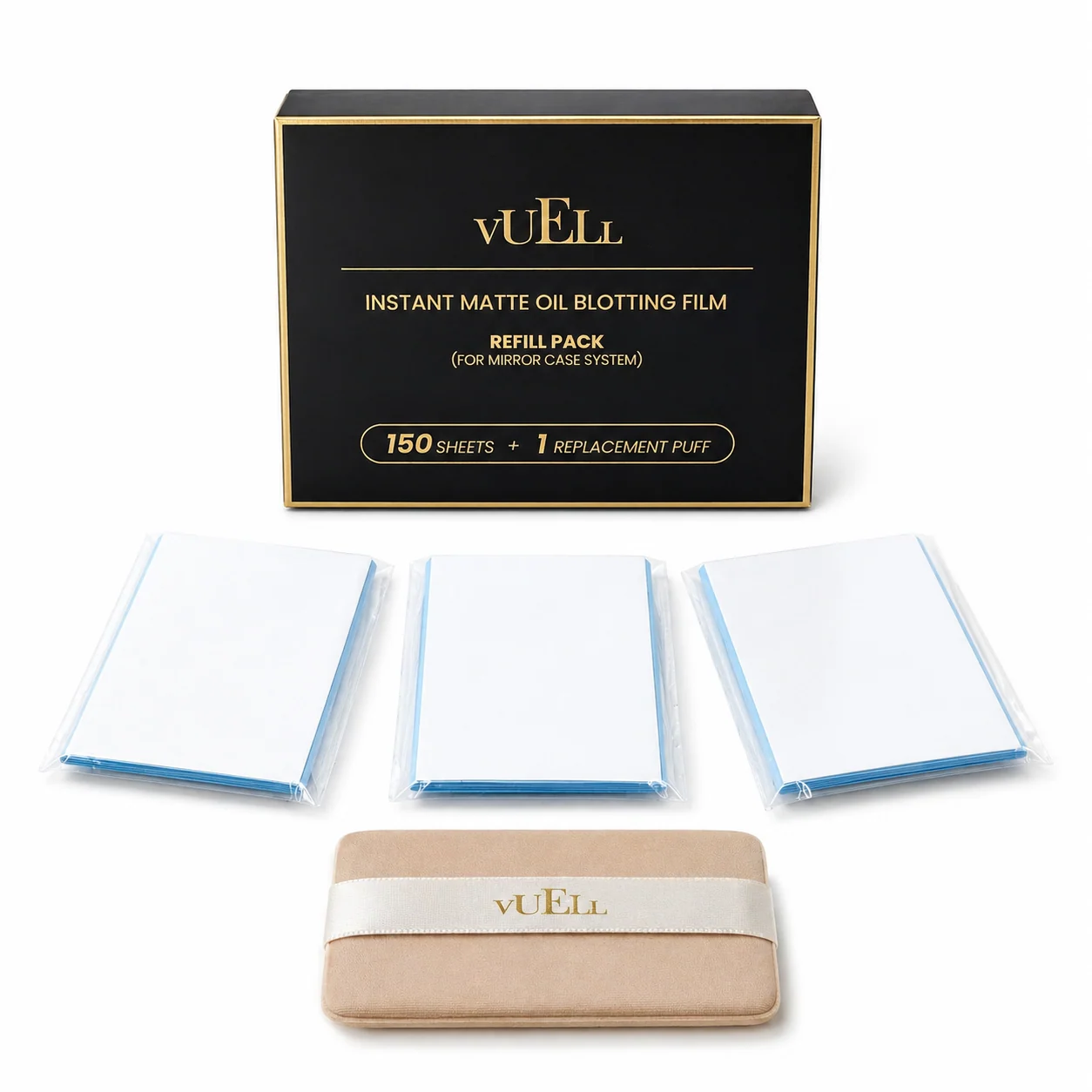 VUELL oil blotting film refill pack with 150 sheets and one replacement puff